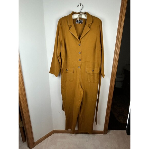 Mod X Womens 3X Mustard Belted Button Up Stretchy Jumpsuit - Picture 13 of 16